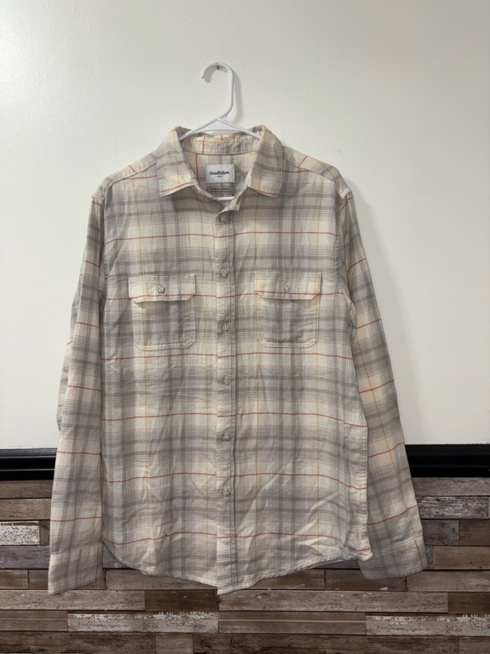 Goodfellow & Co Plaid Button-Up Shirt in Cream, Gray and Orange Size Medium